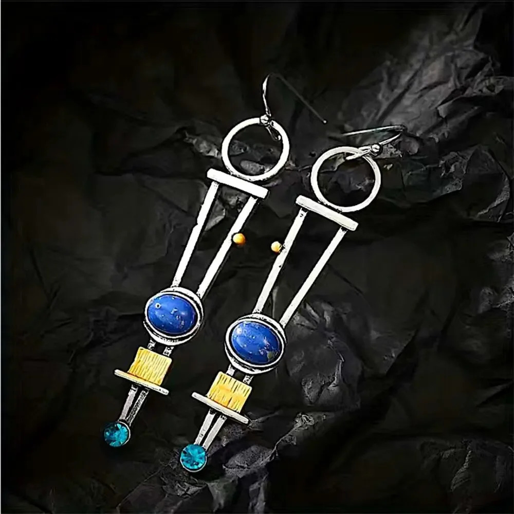 Silver Vintage Handmade Geometric Boho Abstract Dangle Handmade Earrings - Picture 5 of 6